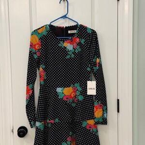 AMUR Black Dress with Floral and Polka Dot Design